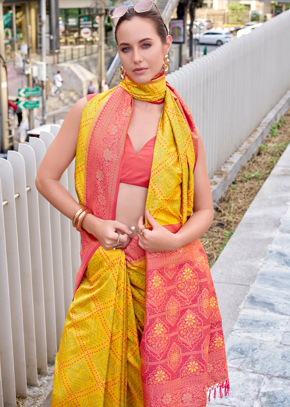 Yellow & Pink Festive Soft Silk Saree with Intricate Bandhani Weave