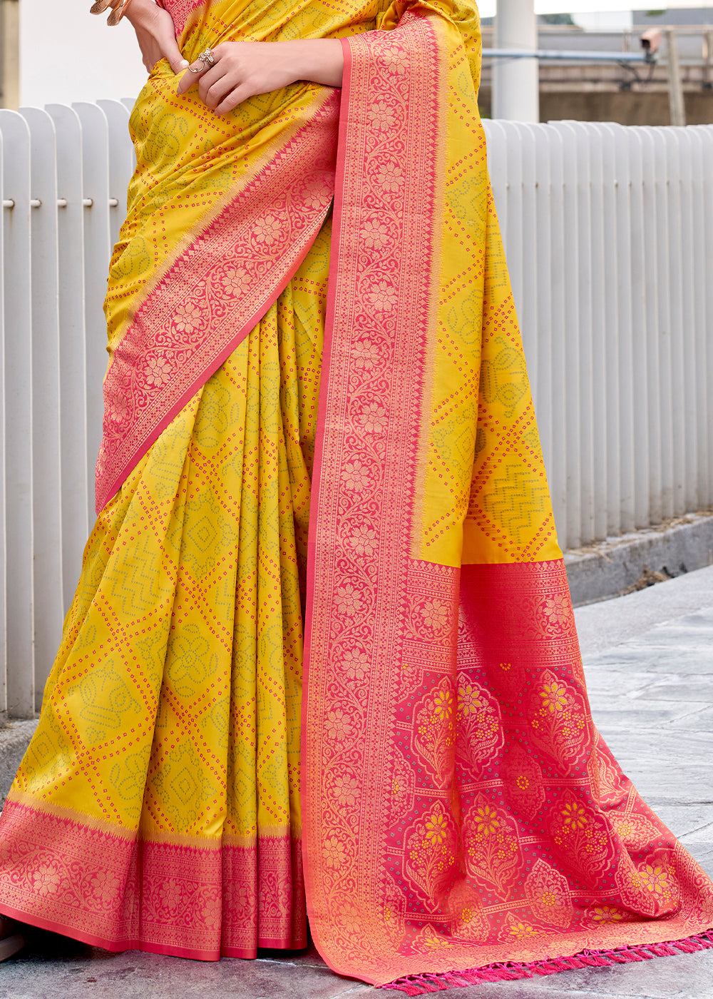 Yellow & Pink Festive Soft Silk Saree with Intricate Bandhani Weave
