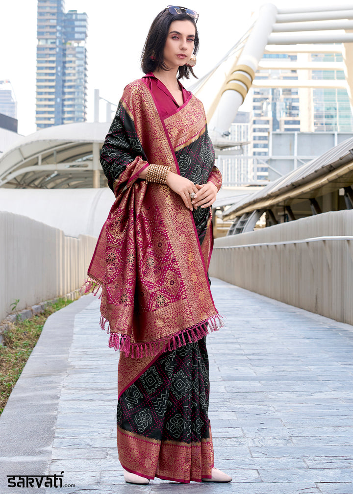 Charcoal Black Festive Soft Silk Saree with Intricate Bandhani Weave