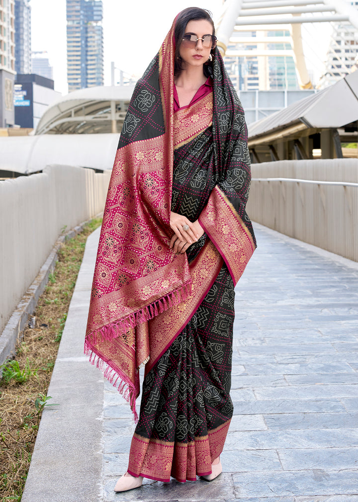 Charcoal Black Festive Soft Silk Saree with Intricate Bandhani Weave
