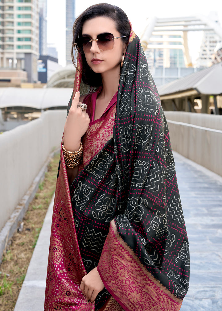Charcoal Black Festive Soft Silk Saree with Intricate Bandhani Weave