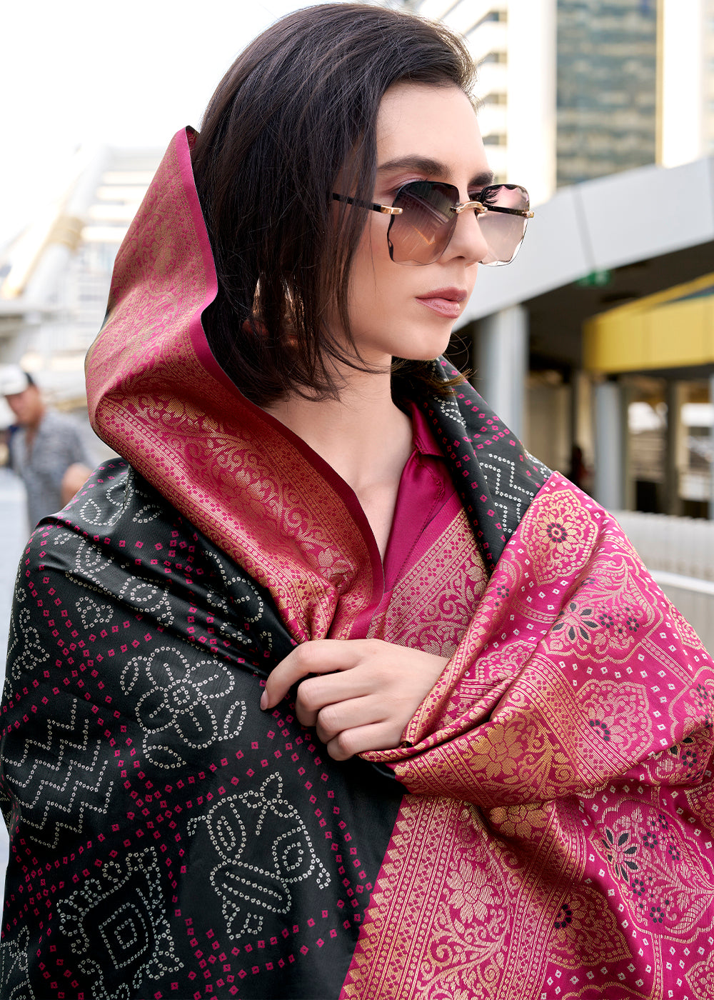 Charcoal Black Festive Soft Silk Saree with Intricate Bandhani Weave