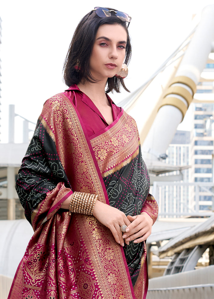 Charcoal Black Festive Soft Silk Saree with Intricate Bandhani Weave