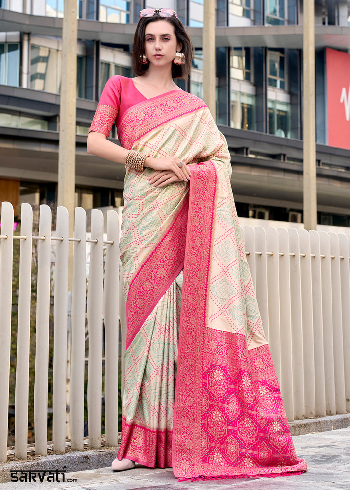 Cream White Festive Soft Silk Saree with Intricate Bandhani Weave