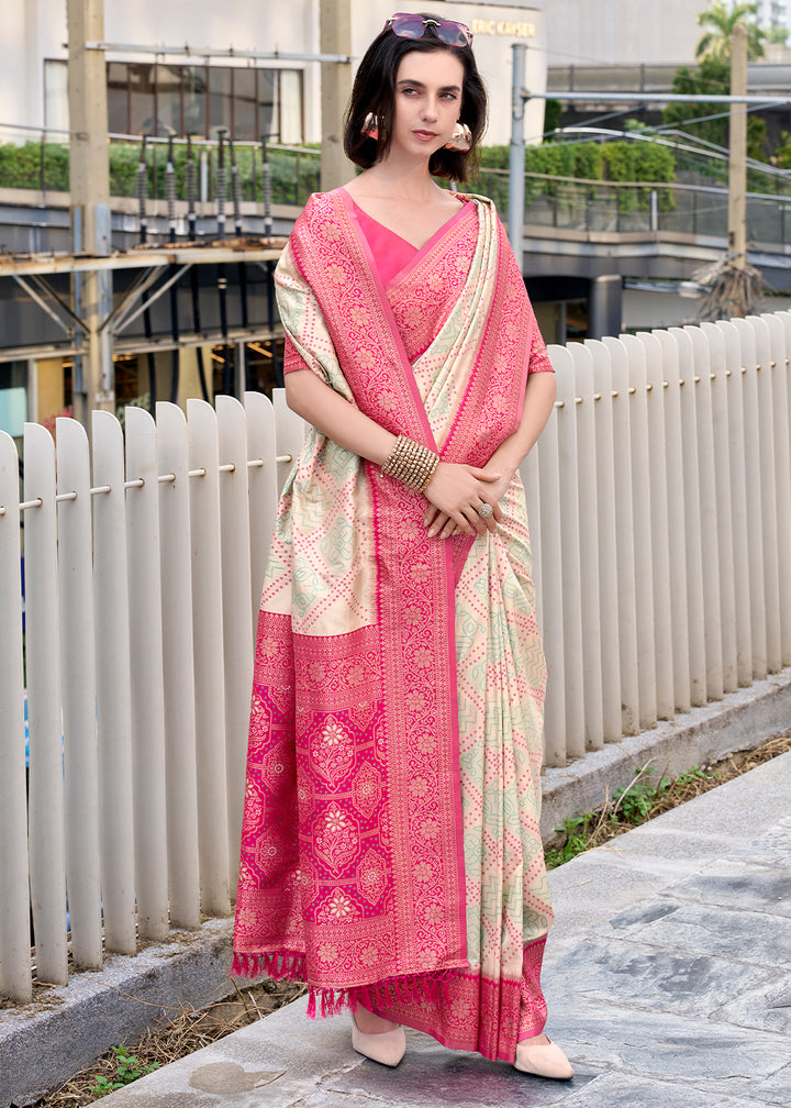 Cream White Festive Soft Silk Saree with Intricate Bandhani Weave