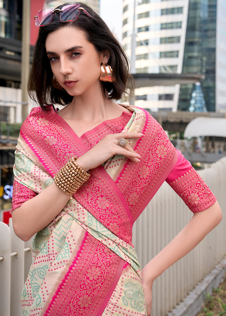 Cream White Festive Soft Silk Saree with Intricate Bandhani Weave