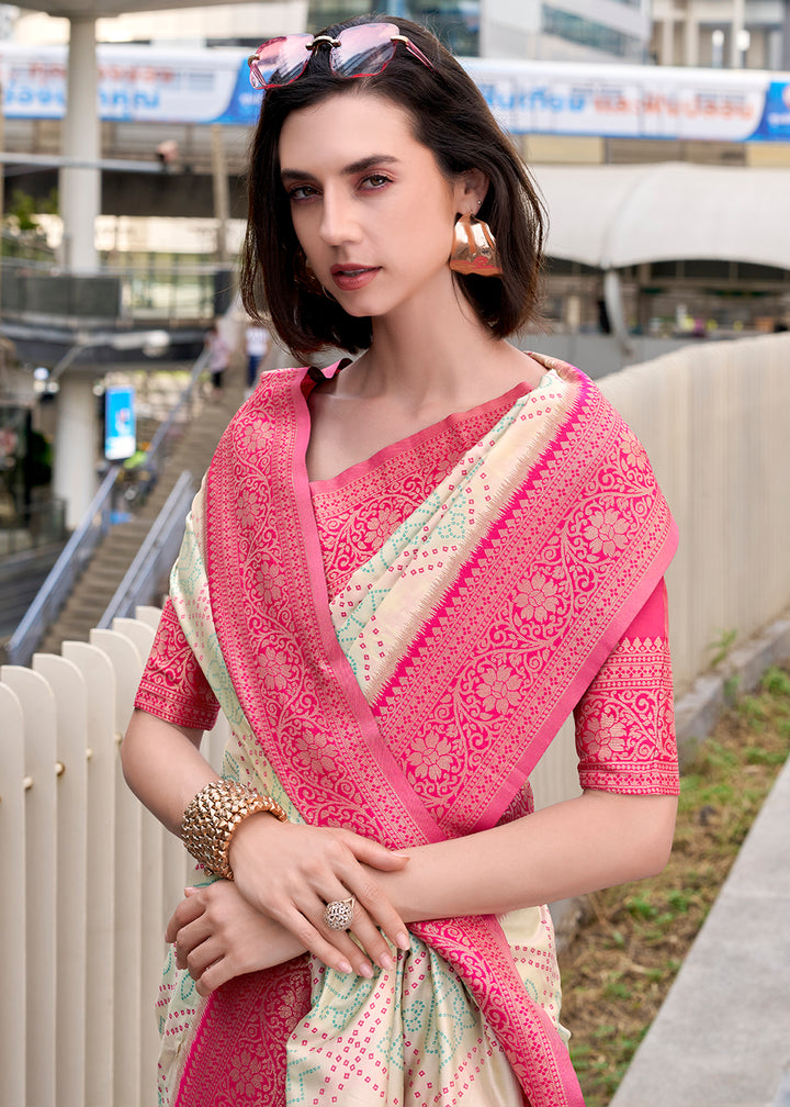 Cream White Festive Soft Silk Saree with Intricate Bandhani Weave
