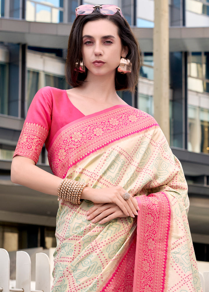 Cream White Festive Soft Silk Saree with Intricate Bandhani Weave