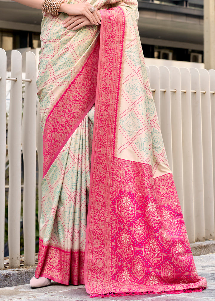 Cream White Festive Soft Silk Saree with Intricate Bandhani Weave
