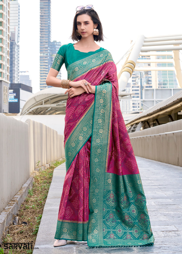 Magenta Pink Festive Soft Silk Saree with Intricate Bandhani Weave