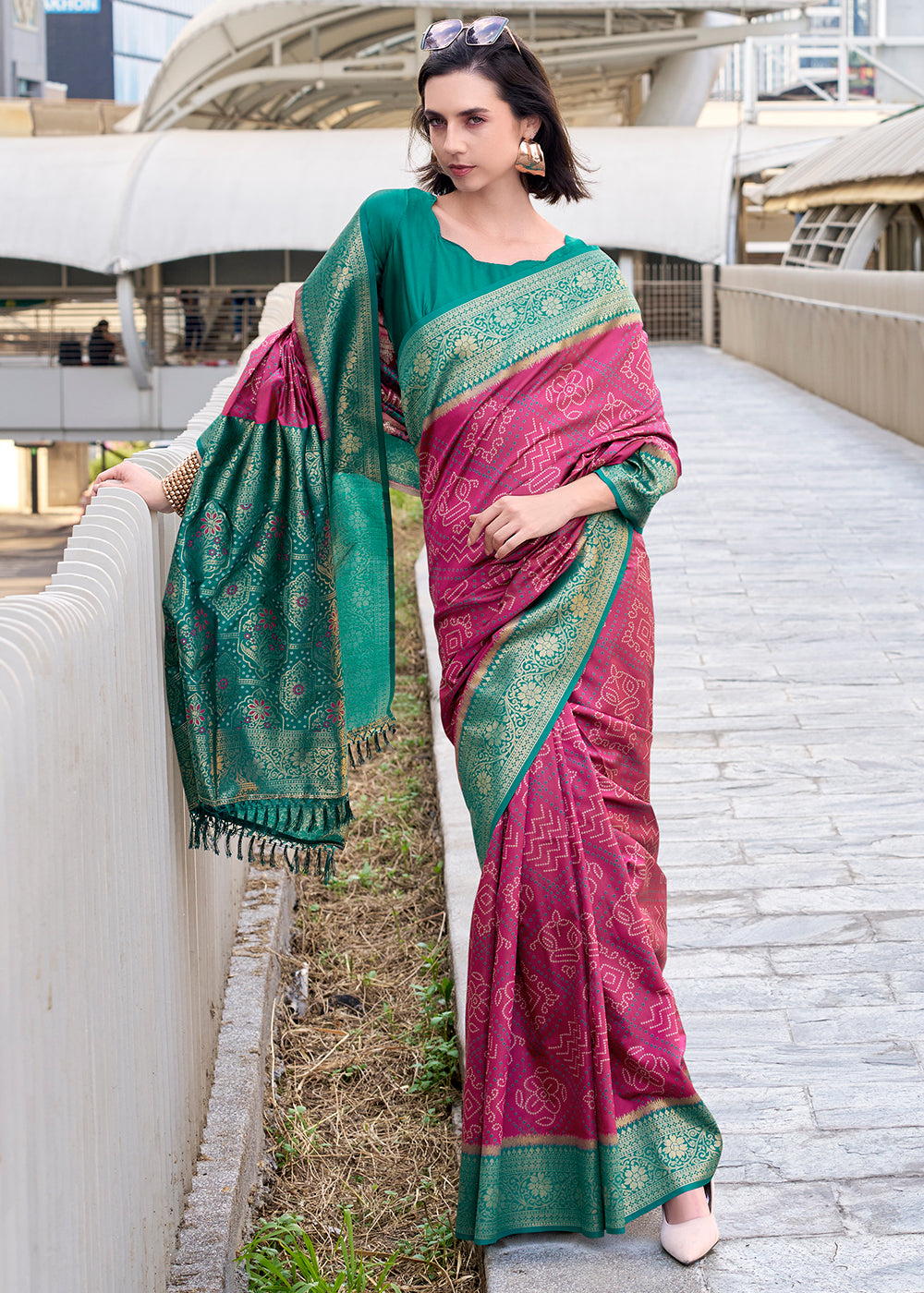 Magenta Pink Festive Soft Silk Saree with Intricate Bandhani Weave