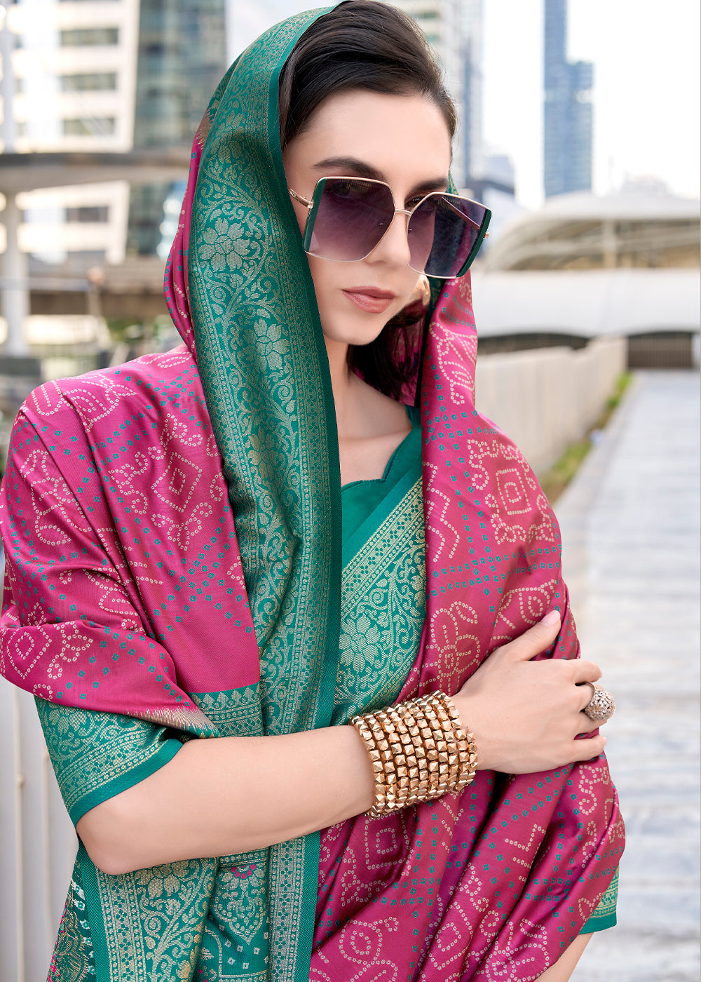 Magenta Pink Festive Soft Silk Saree with Intricate Bandhani Weave
