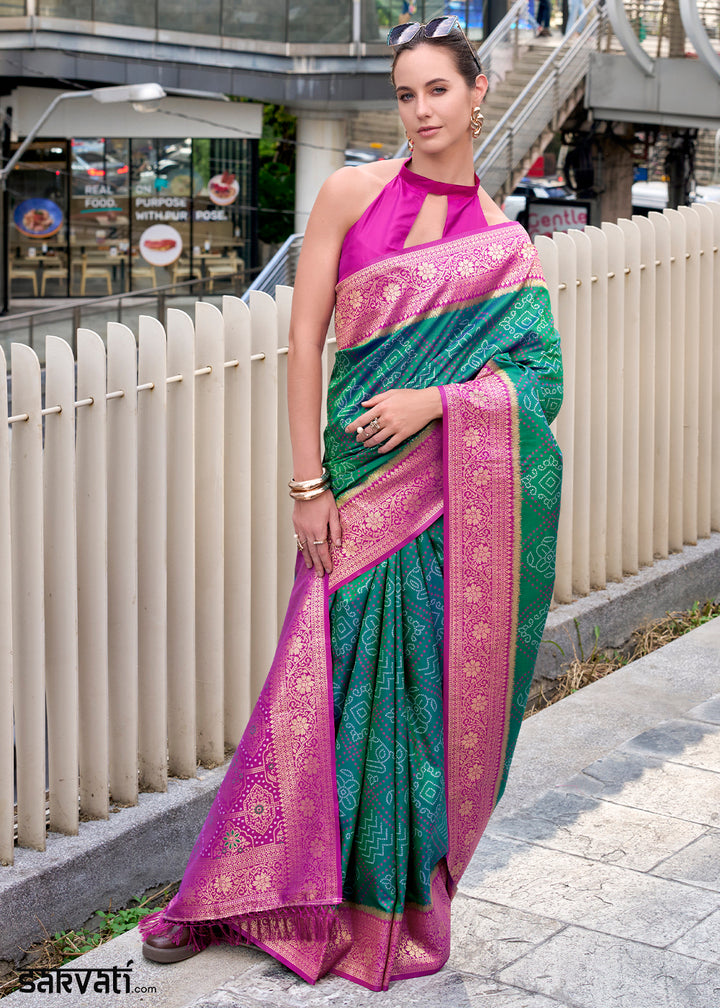 Greenish Blue Festive Soft Silk Saree with Intricate Bandhani Weave