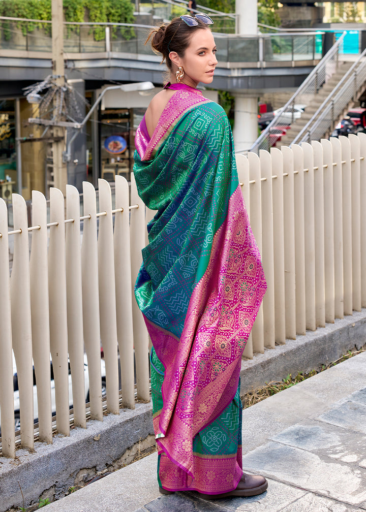 Greenish Blue Festive Soft Silk Saree with Intricate Bandhani Weave