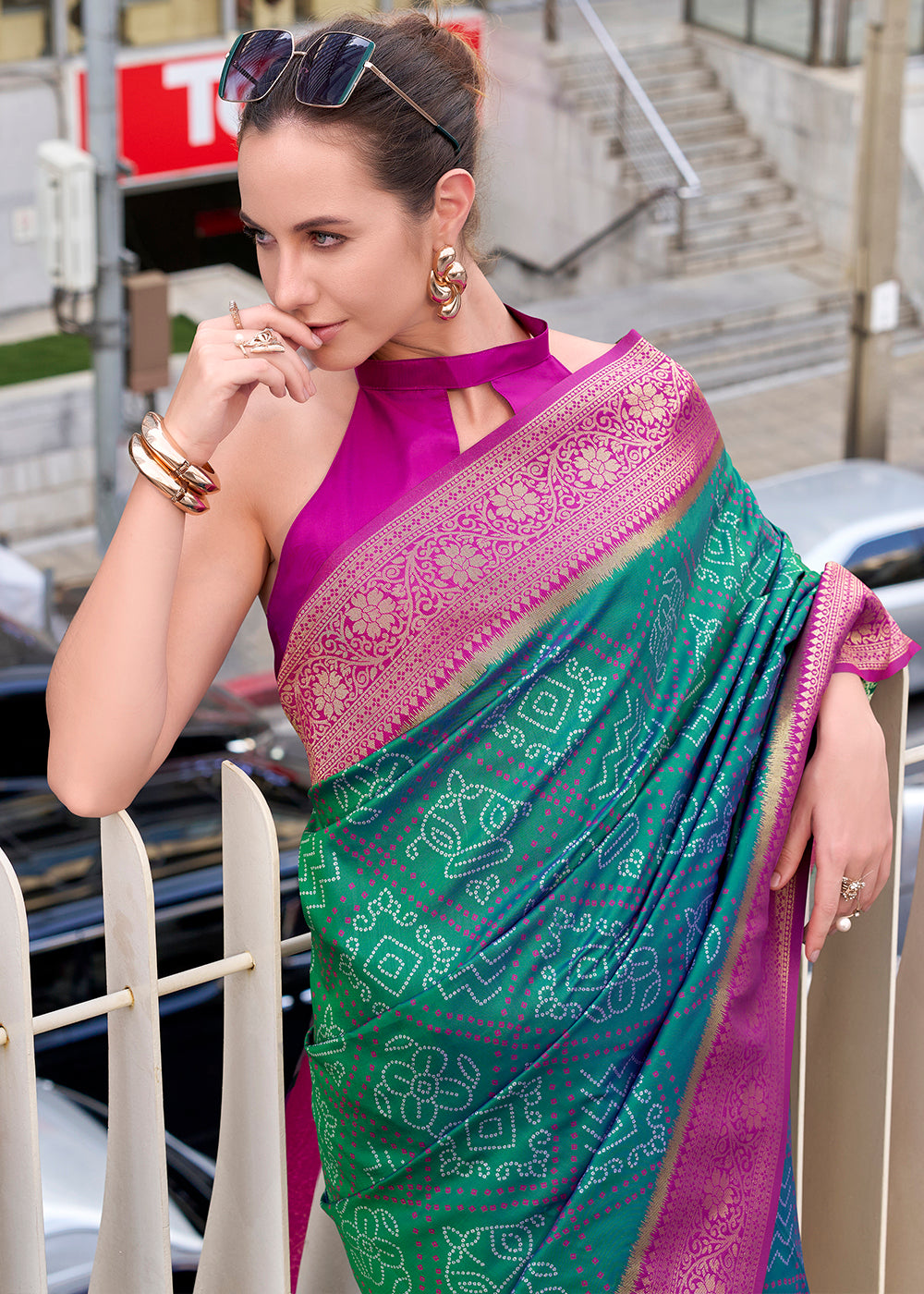 Greenish Blue Festive Soft Silk Saree with Intricate Bandhani Weave