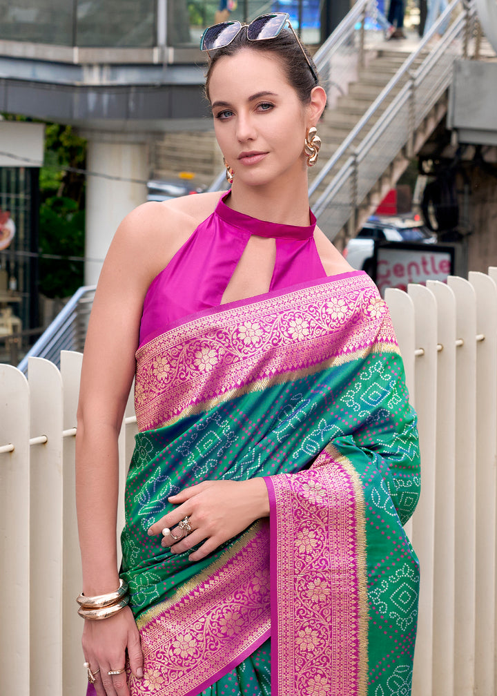 Greenish Blue Festive Soft Silk Saree with Intricate Bandhani Weave