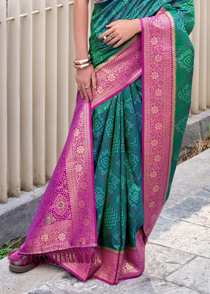Greenish Blue Festive Soft Silk Saree with Intricate Bandhani Weave