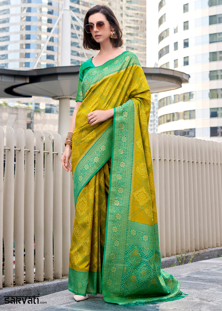 Shades Of Green Festive Soft Silk Saree with Intricate Bandhani Weave