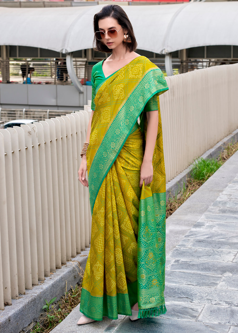 Shades Of Green Festive Soft Silk Saree with Intricate Bandhani Weave