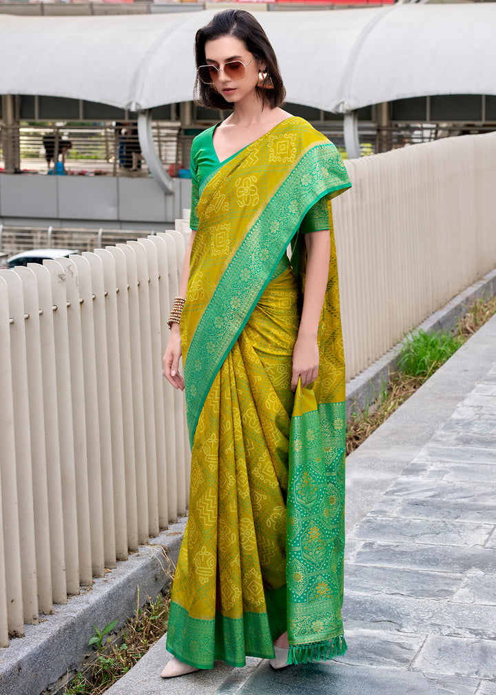 Shades Of Green Festive Soft Silk Saree with Intricate Bandhani Weave
