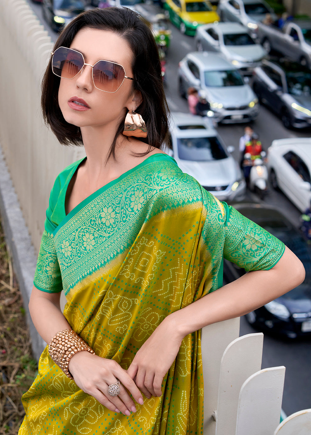 Shades Of Green Festive Soft Silk Saree with Intricate Bandhani Weave