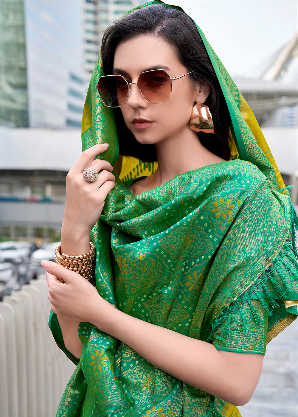 Shades Of Green Festive Soft Silk Saree with Intricate Bandhani Weave