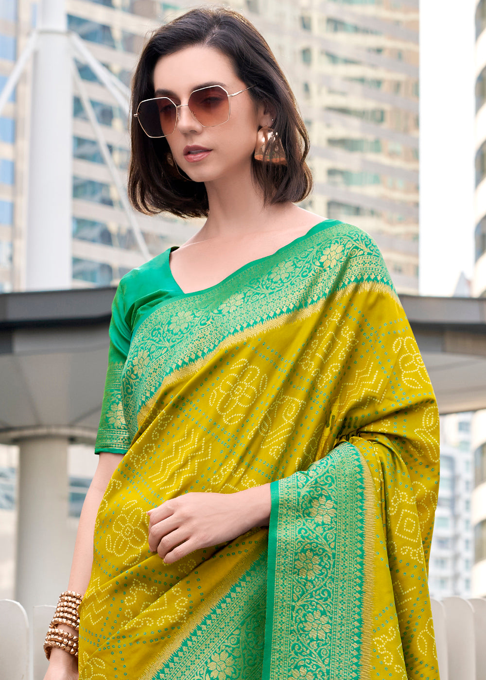 Shades Of Green Festive Soft Silk Saree with Intricate Bandhani Weave