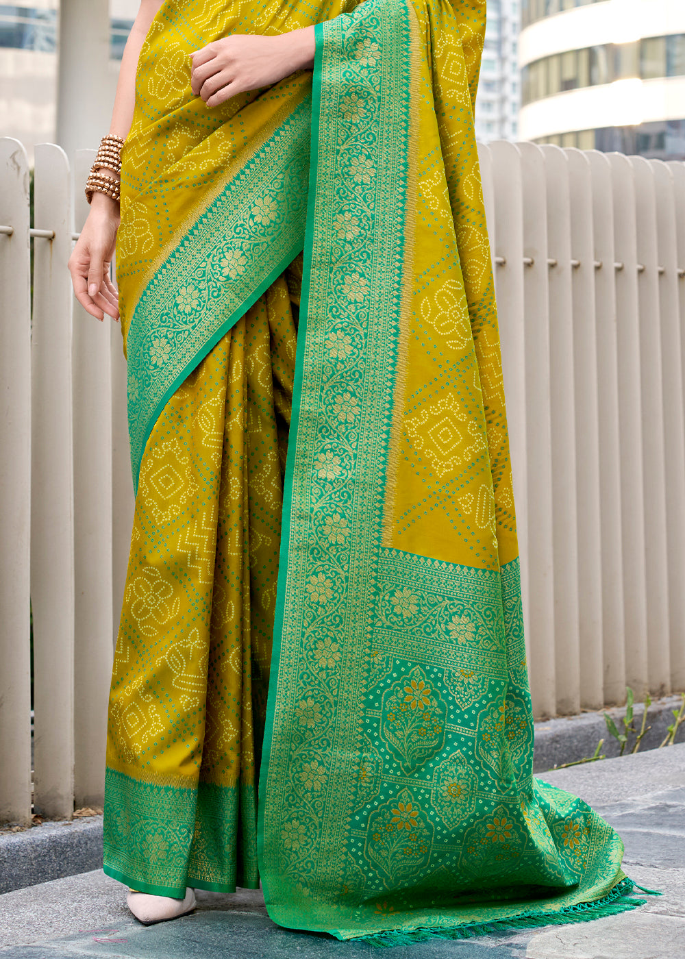 Shades Of Green Festive Soft Silk Saree with Intricate Bandhani Weave