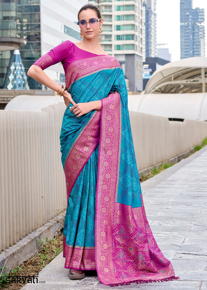 Cerulean Blue Festive Soft Silk Saree with Intricate Bandhani Weave