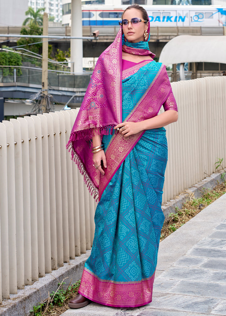 Cerulean Blue Festive Soft Silk Saree with Intricate Bandhani Weave