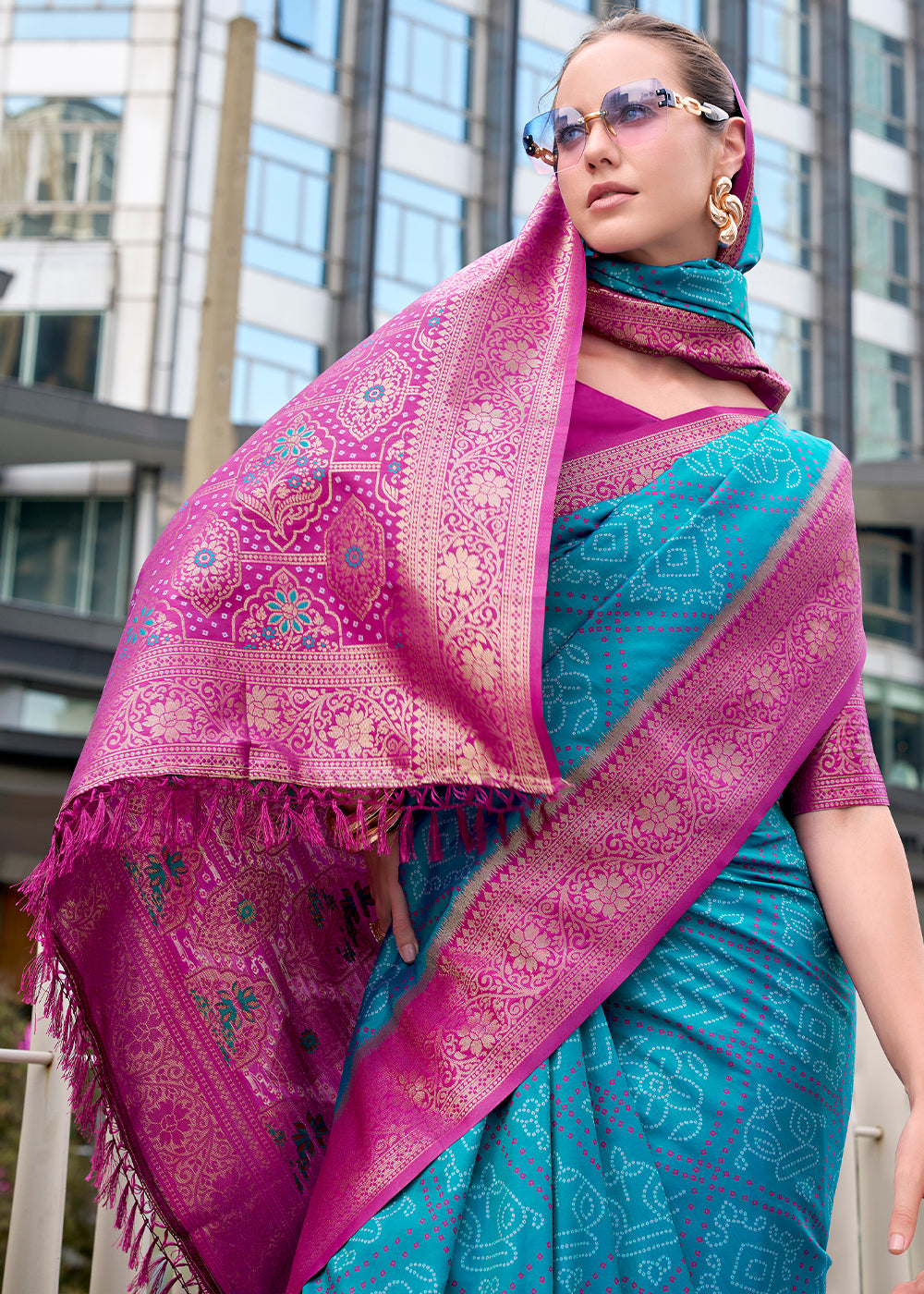 Cerulean Blue Festive Soft Silk Saree with Intricate Bandhani Weave