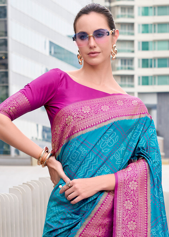 Cerulean Blue Festive Soft Silk Saree with Intricate Bandhani Weave