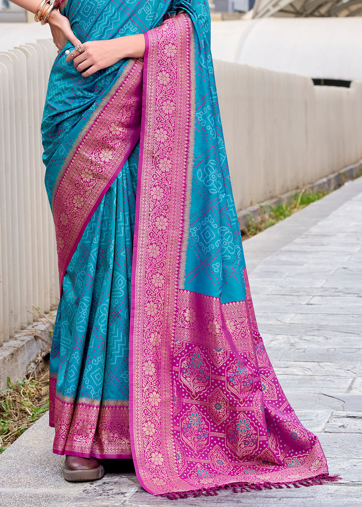 Cerulean Blue Festive Soft Silk Saree with Intricate Bandhani Weave