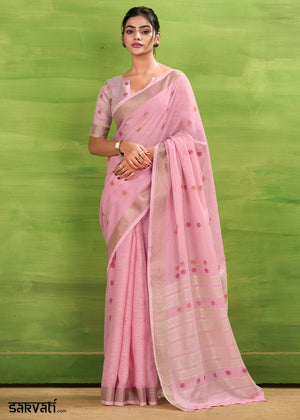 Blush Pink Handwoven Linen Silk Saree with Butti Design