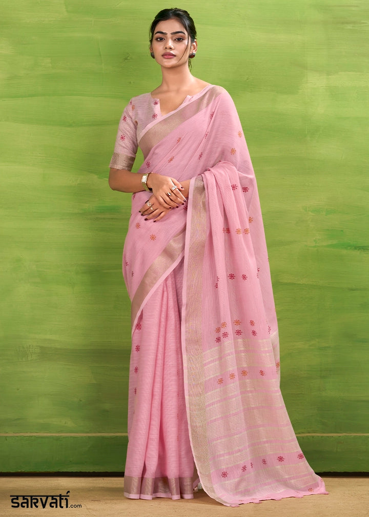 Blush Pink Handwoven Linen Silk Saree with Butti Design