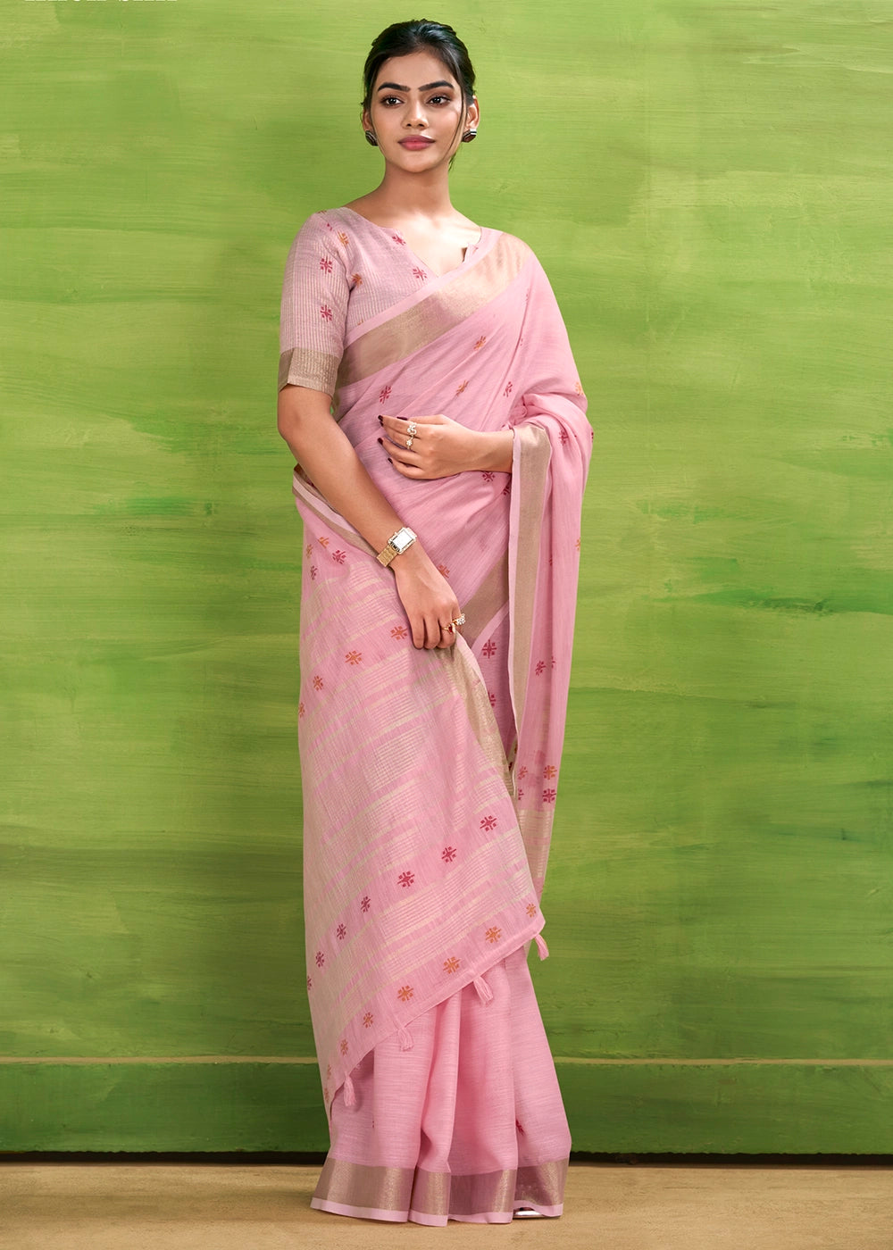 Blush Pink Handwoven Linen Silk Saree with Butti Design