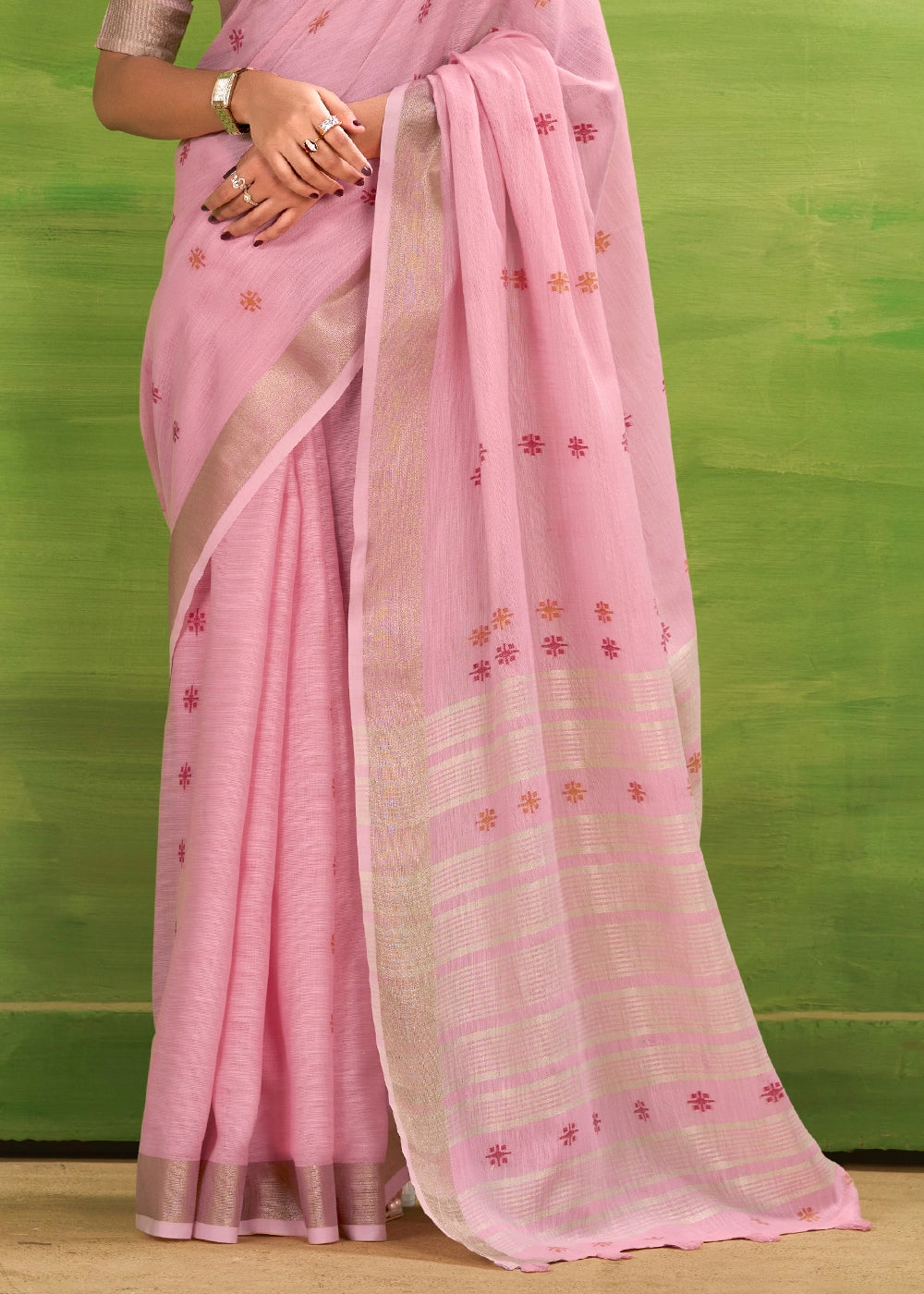 Blush Pink Handwoven Linen Silk Saree with Butti Design