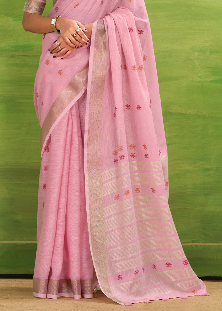 Blush Pink Handwoven Linen Silk Saree with Butti Design