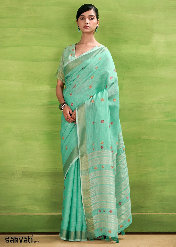 Light Cyan Blue Handwoven Linen Silk Saree with Butti Design