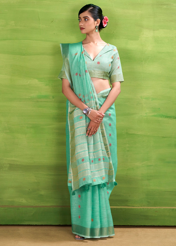Light Cyan Blue Handwoven Linen Silk Saree with Butti Design