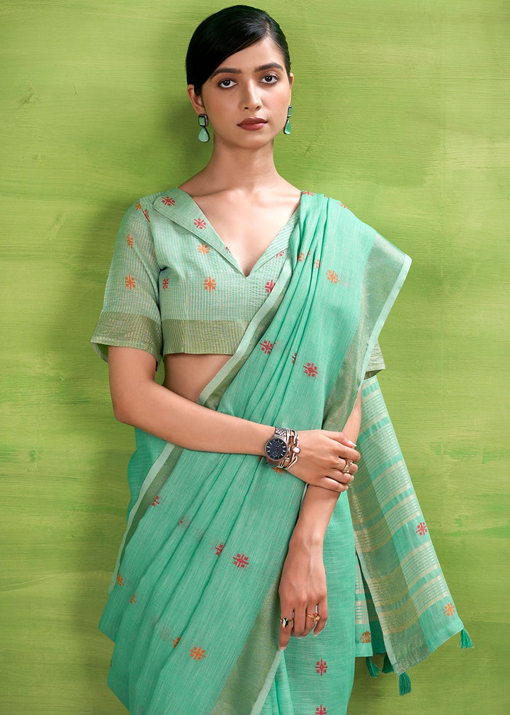 Light Cyan Blue Handwoven Linen Silk Saree with Butti Design