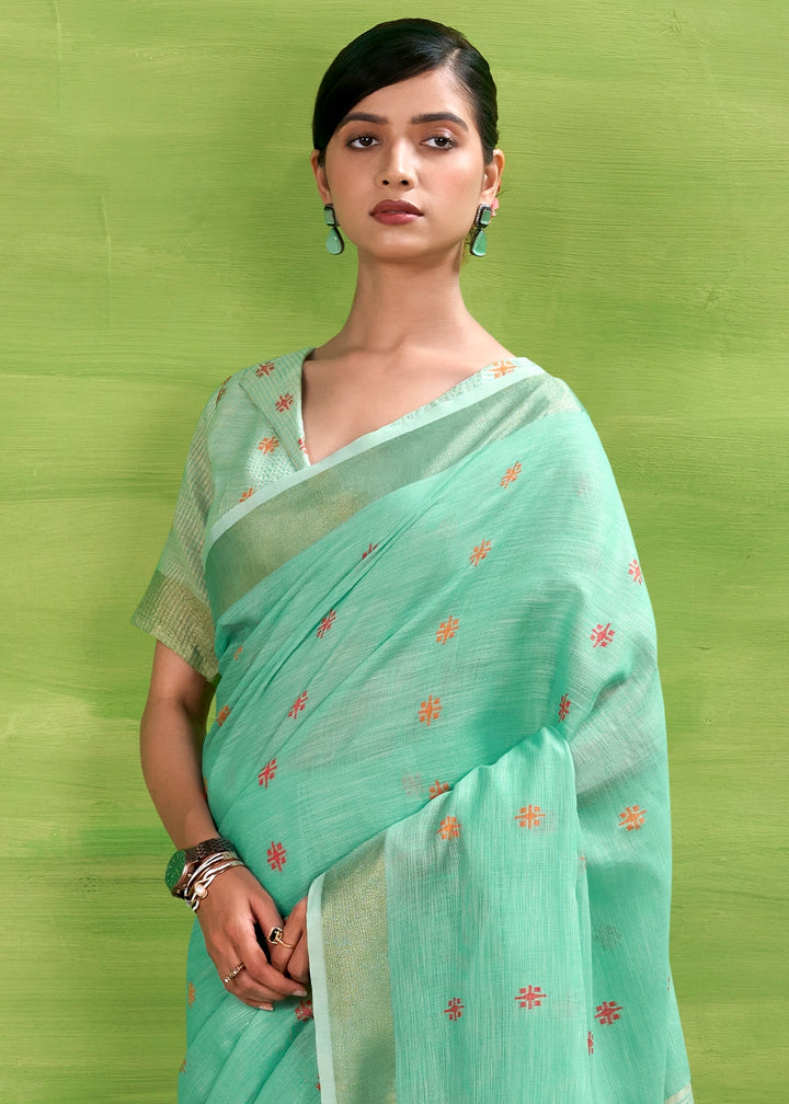 Light Cyan Blue Handwoven Linen Silk Saree with Butti Design