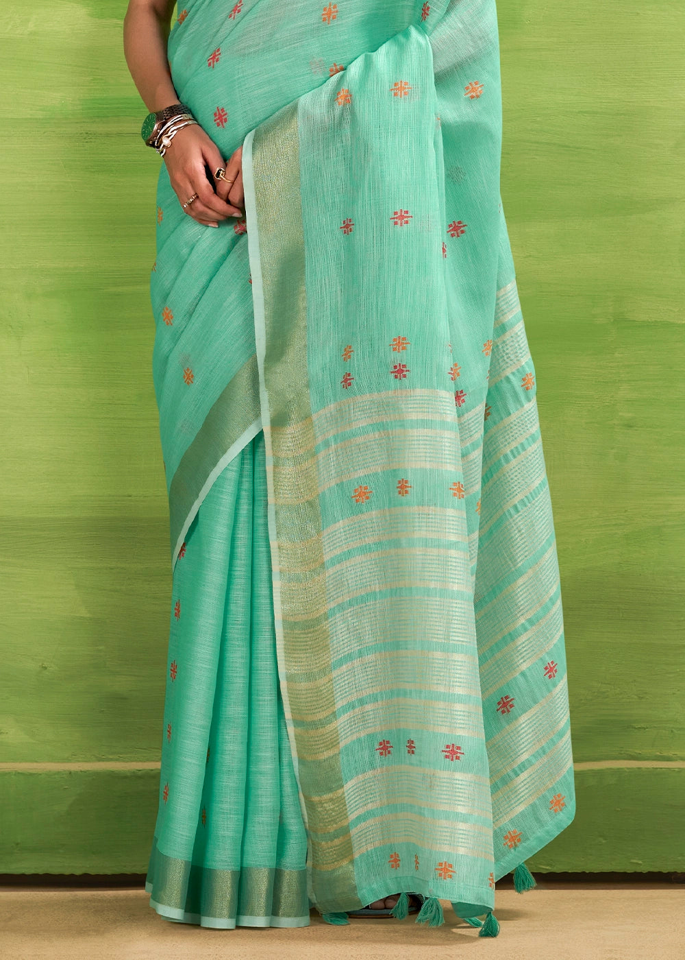 Light Cyan Blue Handwoven Linen Silk Saree with Butti Design
