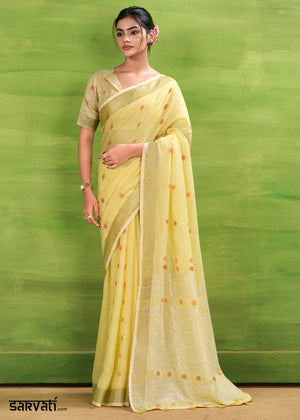 Blonde Yellow Handwoven Linen Silk Saree with Butti Design