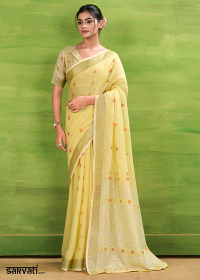 Blonde Yellow Handwoven Linen Silk Saree with Butti Design