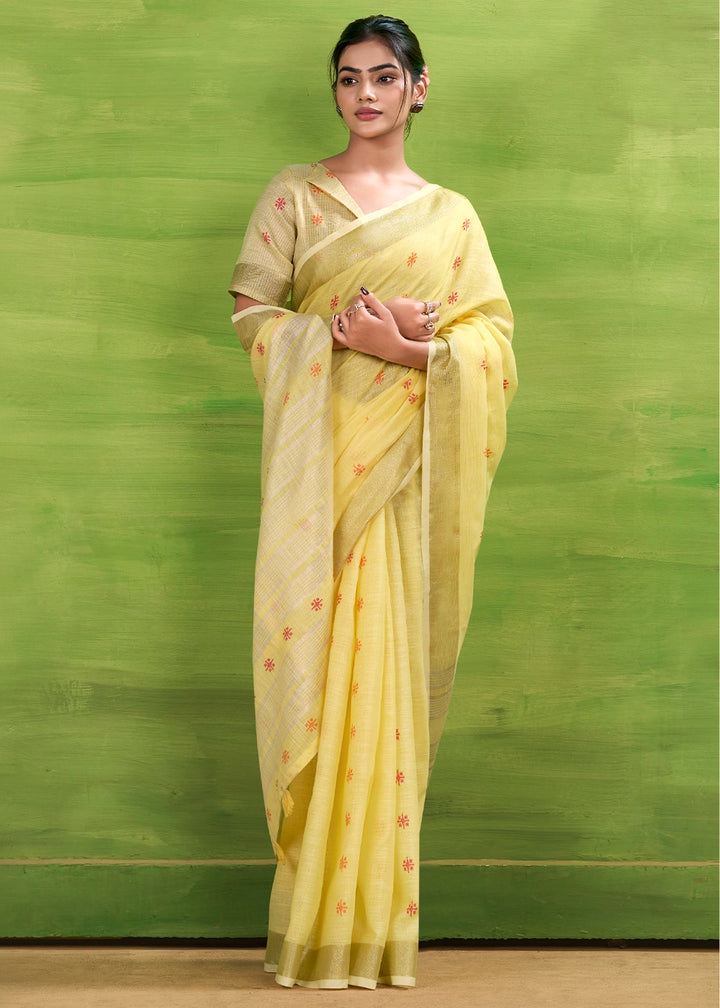 Blonde Yellow Handwoven Linen Silk Saree with Butti Design