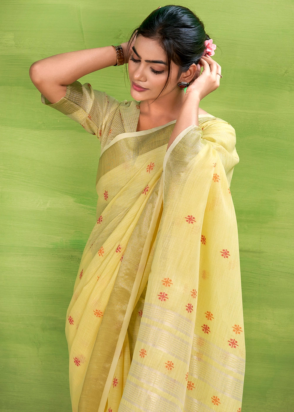 Blonde Yellow Handwoven Linen Silk Saree with Butti Design