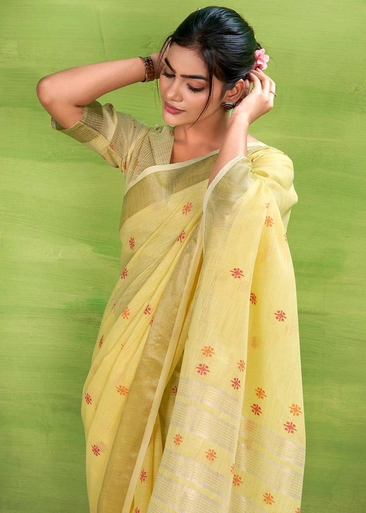 Blonde Yellow Handwoven Linen Silk Saree with Butti Design
