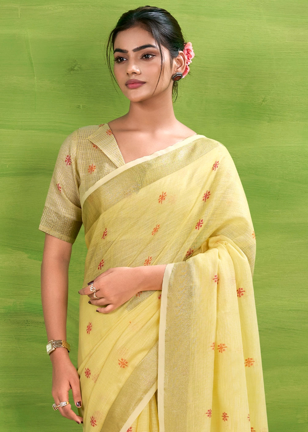 Blonde Yellow Handwoven Linen Silk Saree with Butti Design
