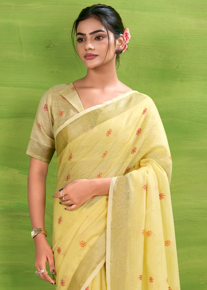 Blonde Yellow Handwoven Linen Silk Saree with Butti Design